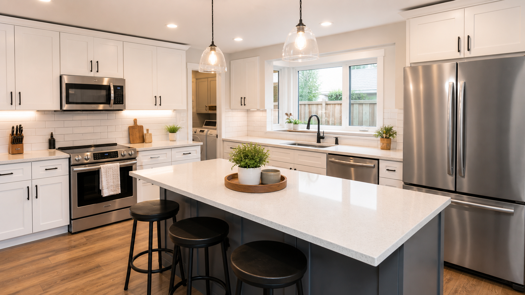Bright remodeled kitchen with white cabinets and island