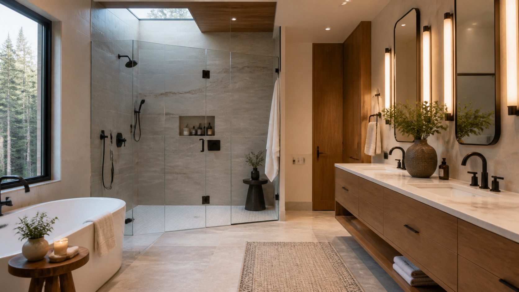 High-end bathroom with freestanding tub and walk-in shower