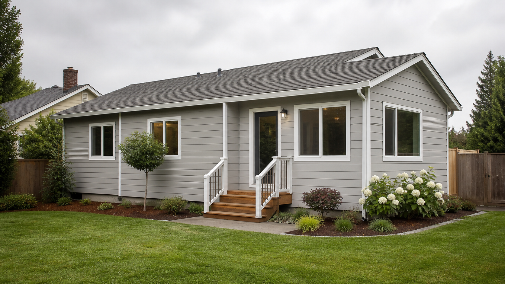 Home addition with siding and steps to the yard
